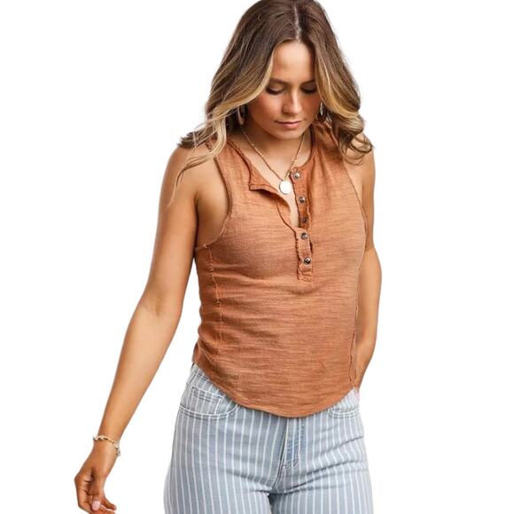 Free People Tops - Free People Vintage Textured Henley Tank Medium Doe Rust Sleeveless Top Casual